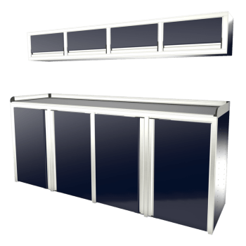 midnight blue custom aluminum ctech manufacturing w1000 configurable cabinet package with four opening base cabinet and four opening overhead cabinet
