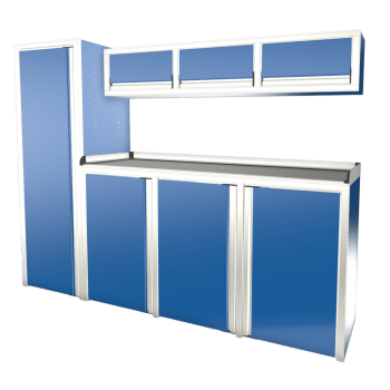 blue custom aluminum ctech manufacturing w1006 configurable cabinet package with left swinging closet and matching workbench and overhead cabinet