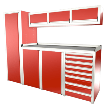 red custom aluminum ctech manufacturing w1008 configurable cabinet package with latching drawer and door equipped workbench next to closet and overhead cabinet