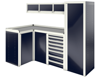 dark blue custom aluminum ctech manufacturing w1025 configurable cabinet package with latching drawer equipped corner workbench and matching closet and overhead