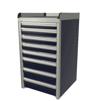 midnight blue custom aluminum ctech manufacturing one opening base cabinet with bank of latching drawers and gasket sealed countertop with backsplash