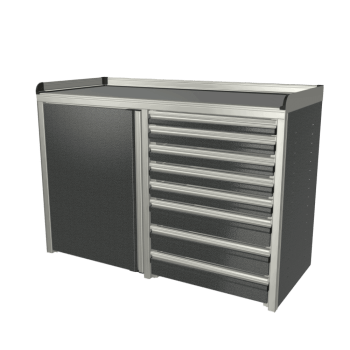 black custom aluminum ctech manufacturing two opening base cabinet with latching drawers and cabinet doors and gasket sealed laminate countertop