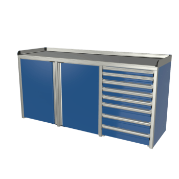 blue custom aluminum ctech manufacturing three opening base cabinet with leakproof working surface and combination latching drawers and compartment storage