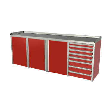 custom red aluminum ctech manufacturing four opening base cabinet for garage or trailer application with latching doors and drawers
