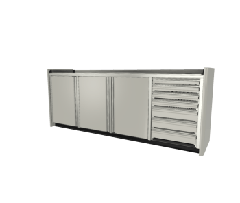 custom gray aluminum ctech manufacturing four opening base cabinet with garage toe kick and sleek radius corners on both ends