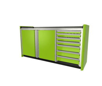 lime green custom aluminum ctech manufacturing three opening base cabinet with decrorative radius corners and adjustable toekick for garage and workshop