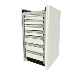 white custom aluminum ctech manufacturing one opening base cabinet with premium aesthetic radius corners and bank of latching drawers