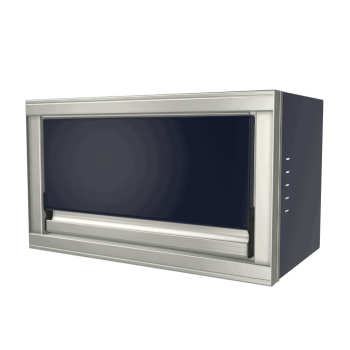 midnight blue custom aluminum ctech manufacturing one opening overhead cabinet with latching gas strut assisted top swing door and open compartment