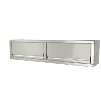 gray custom aluminum ctech manufacturing two opening overhead cabinet with gas strut assisted swing up latching doors and powder coat finish