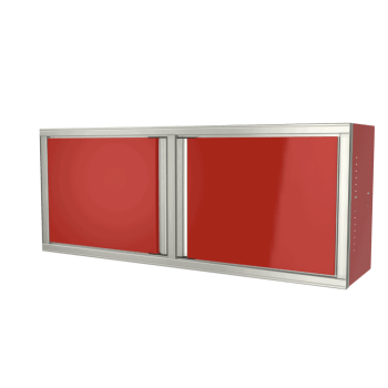 red custom aluminum ctech manufacturing two opening wall cabinet with latched swinging doors and adjustable shelving finished in powder coat