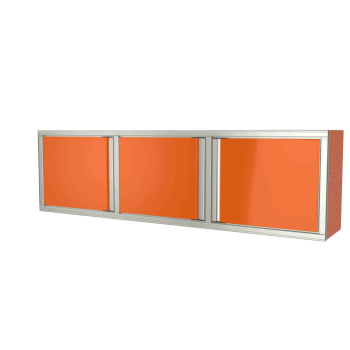 orange custom aluminum ctech manufacturing three opening wall cabinet with side swinging latched doors and adjustable shelving for garage and workshops