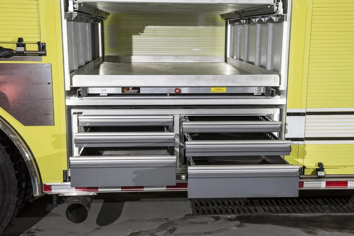 MotionLatch® drawer housing in a fire engine side compartment