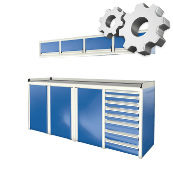 black custom aluminum ctech manufacturing w1002 configurable cabinet package with latching drawer and door equipped workbench and overhead cabinet