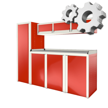 blue custom aluminum ctech manufacturing w1006 configurable cabinet package with left swinging closet and matching workbench and overhead cabinet