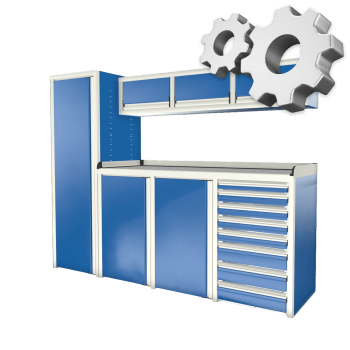 red custom aluminum ctech manufacturing w1008 configurable cabinet package with latching drawer and door equipped workbench next to closet and overhead cabinet