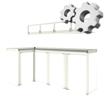 gray custom aluminum ctech manufacturing w1015 configurable cabinet package for garage or trailer corner with workbench and overhead storage