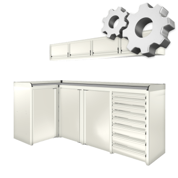 green custom aluminum ctech manufacturing w1019 configurable cabinet package for garage or trailer corner with latching drawer and door equipped workbench plus overhead