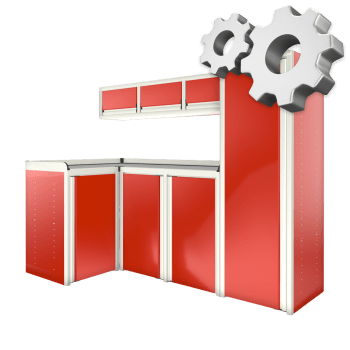 red custom aluminum ctech manufacturing w1021 configurable cabinet package with corner workbench and deep closet with matching overhead storage