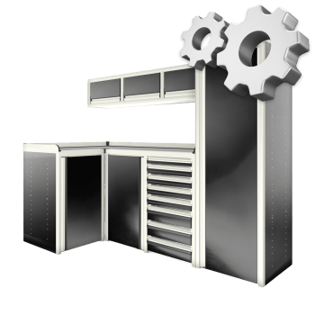 dark blue custom aluminum ctech manufacturing w1025 configurable cabinet package with latching drawer equipped corner workbench and matching closet and overhead