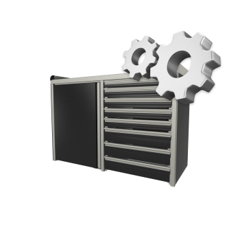 black custom aluminum ctech manufacturing two opening base cabinet with latching drawers and cabinet doors and gasket sealed laminate countertop