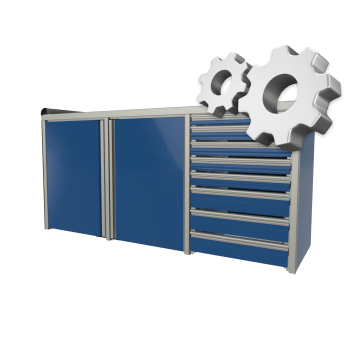 blue custom aluminum ctech manufacturing three opening base cabinet with leakproof working surface and combination latching drawers and compartment storage