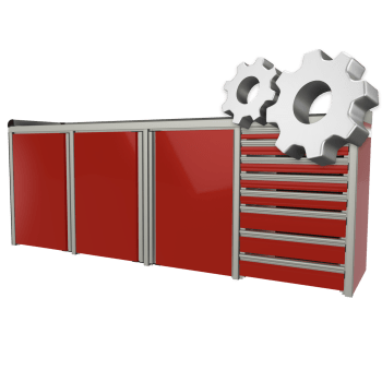 custom red aluminum ctech manufacturing four opening base cabinet for garage or trailer application with latching doors and drawers