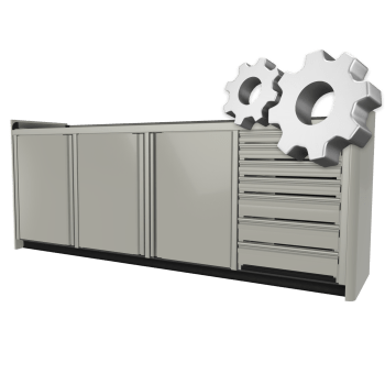 custom gray aluminum ctech manufacturing four opening base cabinet with garage toe kick and sleek radius corners on both ends