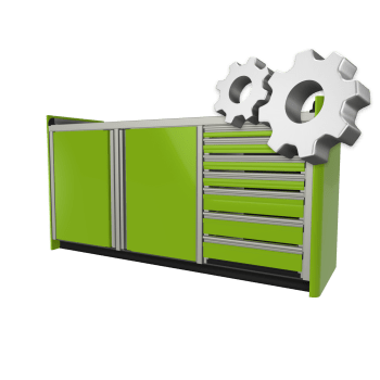 lime green custom aluminum ctech manufacturing three opening base cabinet with decrorative radius corners and adjustable toekick for garage and workshop