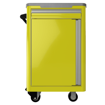 standard aluminum ctech manufacturing one opening caster cart mobile cabinet with top drawer, latching bulk storage compartment and solid metal working surface