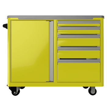 standard aluminum ctech manufacturing two opening caster cart toolbox with combination latching drawers and open compartment space on a rolling chasis