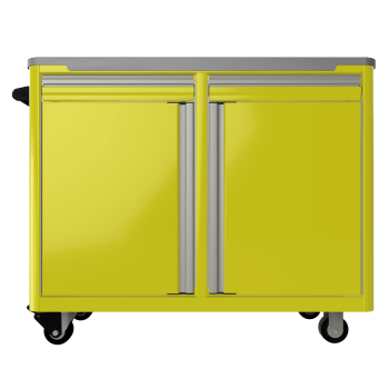 standard aluminum ctech manufacturing two opening caster cart with top latching tool drawers and spacious cabinet space and seamless metal worktop