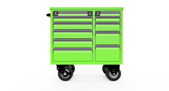 standard aluminum ctech manufacturing badass mechanic cart with 10" off-road casters, locking drawers plus flip-lid worktop, and convenient push/pull handle