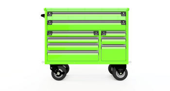 standard aluminum ctech manufacturing badass mechanic cartwith oversized off-road casters, expanded latching tool drawers, and a rough finish flip-up worktop