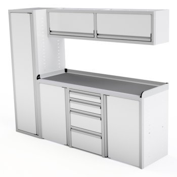 Angled view of white garage cabinet package showing closet, overhead, and base cabinets against a white background