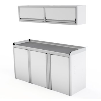 white aluminum ctech manufacturing econo1 trailer cabinet package including single base and overhead cabinet with latching doors