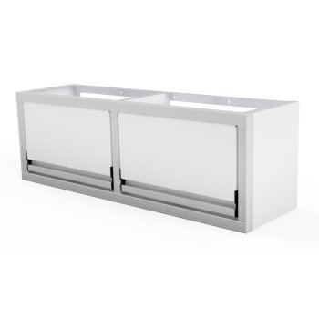 white aluminum ctech manufacturing econo trailer overhead cabinet 48 inches wide with gas strut assisted latching top swing doors