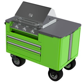 standard aluminum ctech manufacturing badass grill cart with off-road casters, stainless steel prep surface, and interior propane tank storage