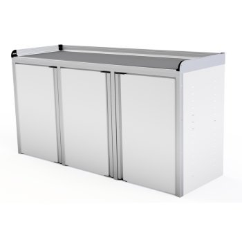 white aluminum ctech manufacturing econo trailer base cabinet with adjustable feet and splash proof laminated countertop