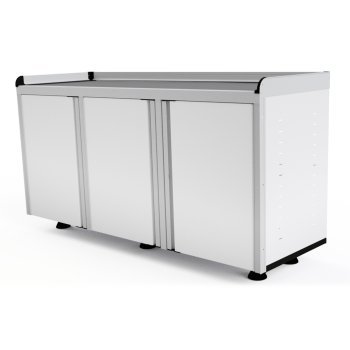 white aluminum ctech manufacturing econo garage base cabinet with adjustable feet and splash proof laminated countertop