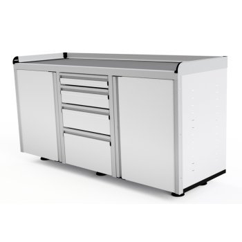 white aluminum ctech manufacturing econo garage base cabinet with latching drawers and cabinet doors and laminated countertop