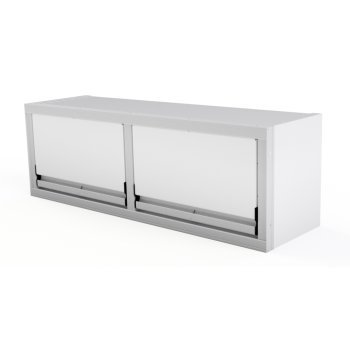white aluminum ctech manufacturing econo garage overhead cabinet 48 inches wide with gas strut assisted latching top swing doors